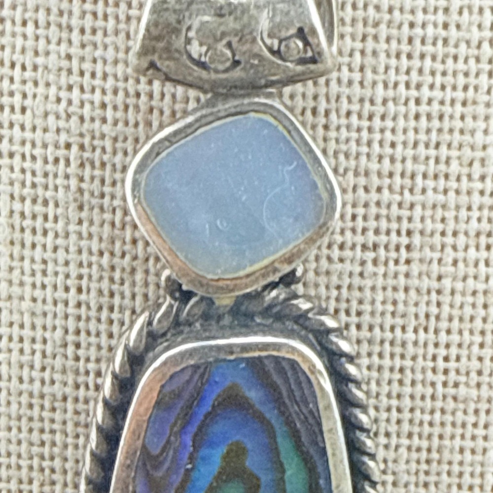 Vintage Estate Necklace Sterling Silver Abalone Blue Stone Rope Border 18in